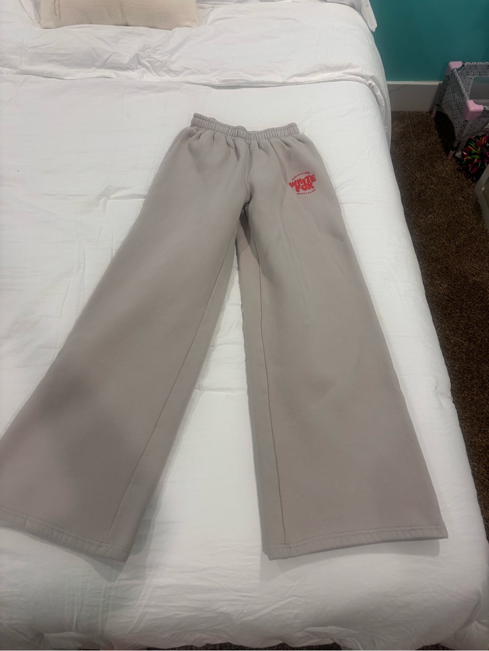 White Fox Boutique Neutral Wide-Leg Sweatpants with Red Logo